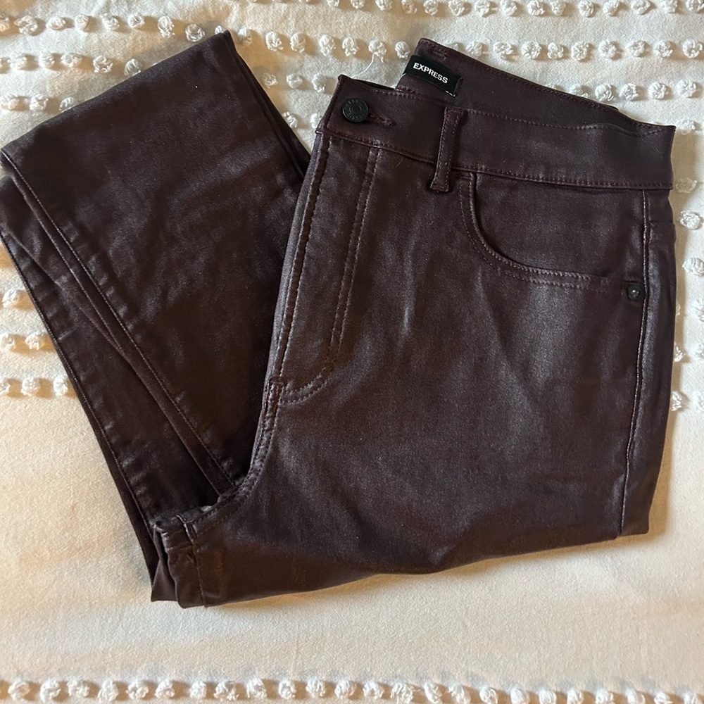 Express Skinny Super Hi Rise Purple Shine/Leather Pants Size 8R